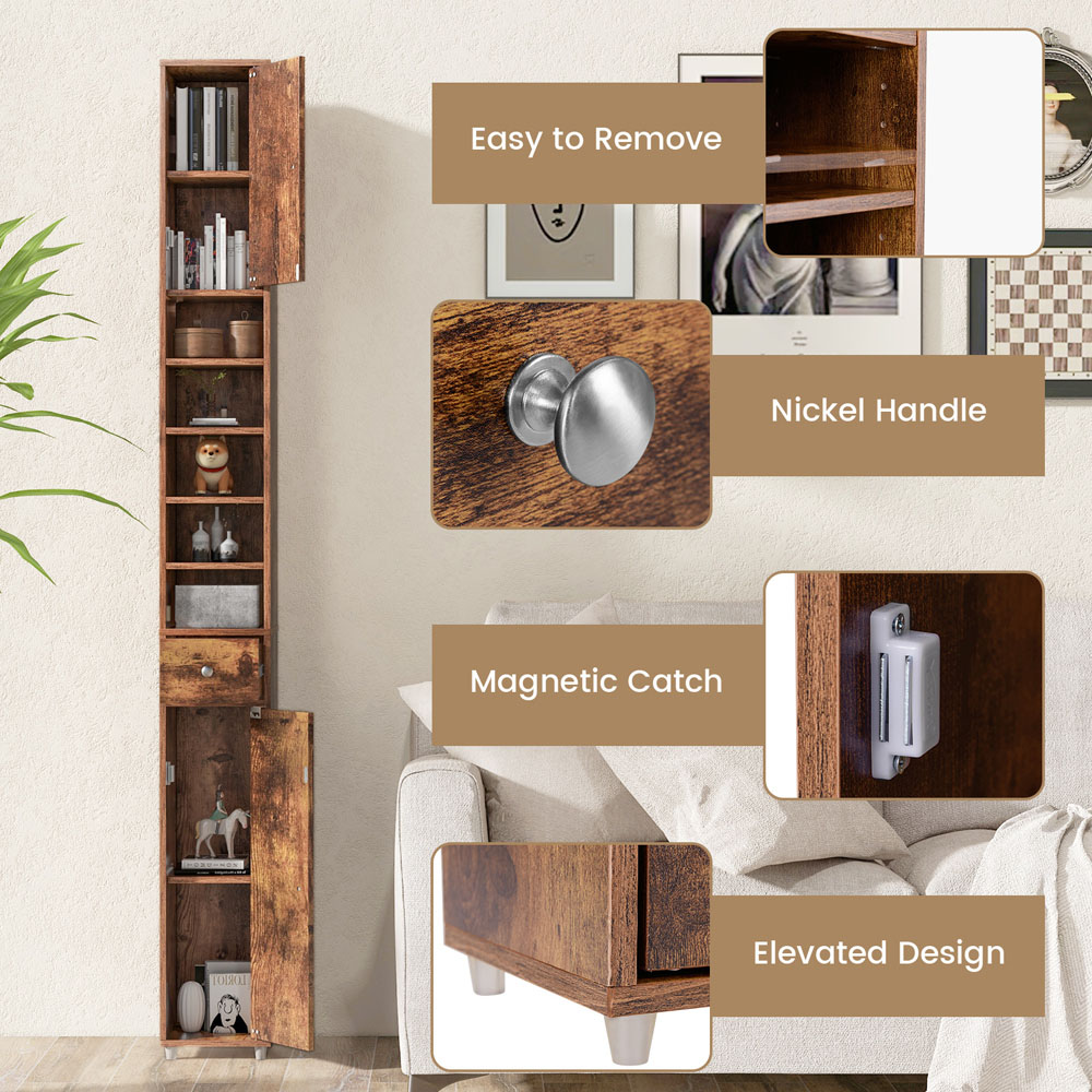 Costway Single Drawer 2 Door 5 Shelf Rustic Brown Tall Freestanding Bathroom Cabinet Image 5