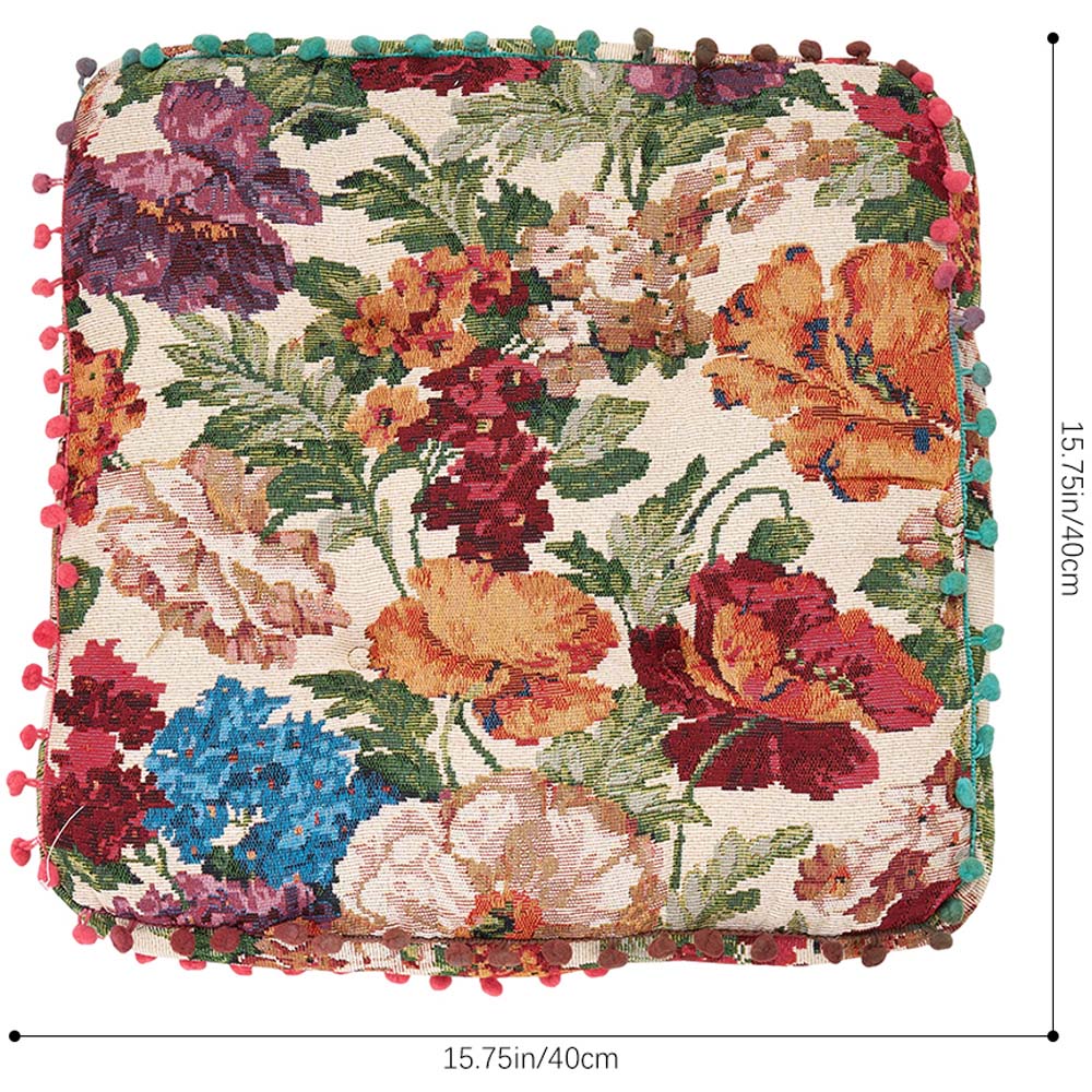 Living and Home Beige Vintage Floral Embroidered Tatami Seat Cushion with Pom Poms 40 x 40cm Image 8
