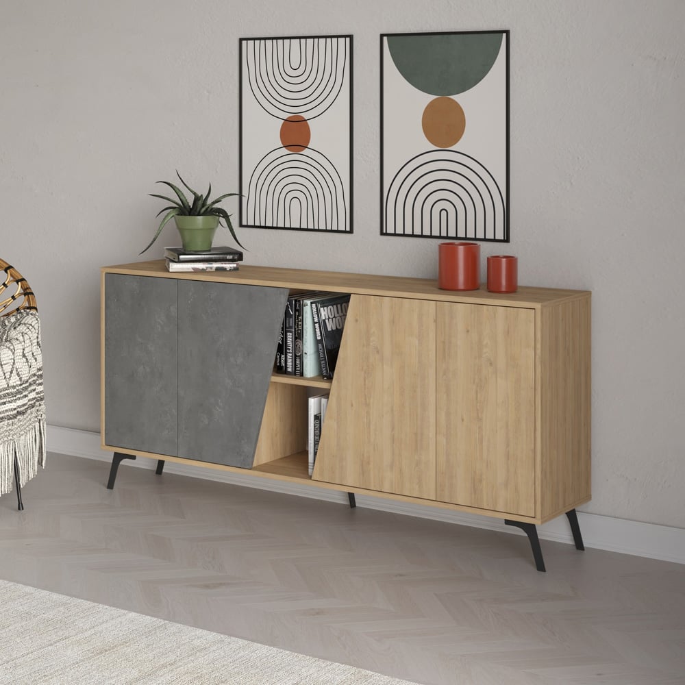 Decortie Fiona 4 Door 2 Shelf Oak and Retro Grey Sideboard Image 4