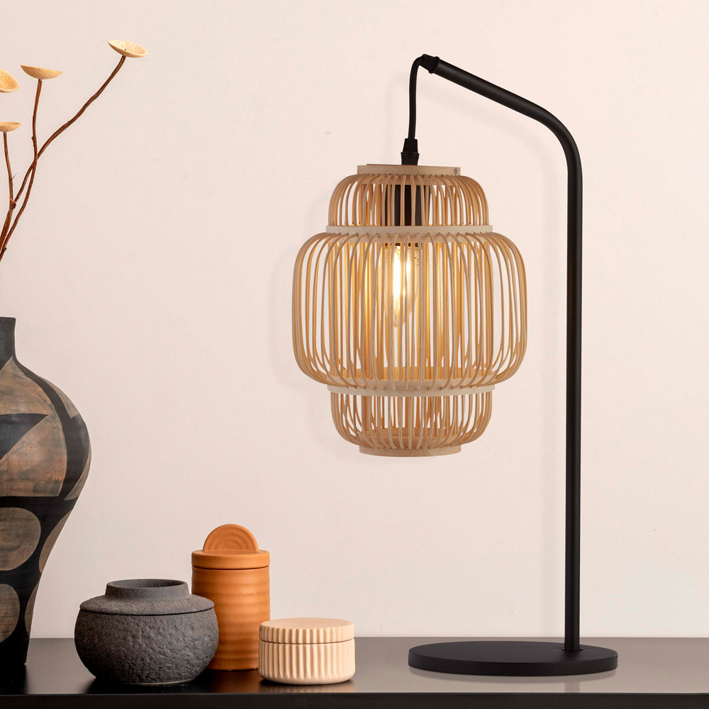 Lighting Collection Black Table Lamp with Bamboo Frame Shade Image 2