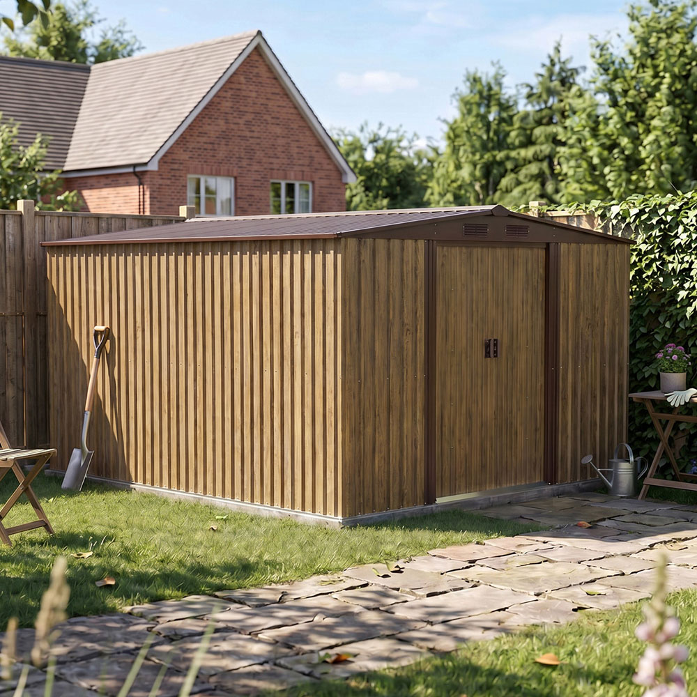 Living and Home 10 x 8ft Brown Wood Grain Metal Apex Garden Storage Shed with Foundation Image 1