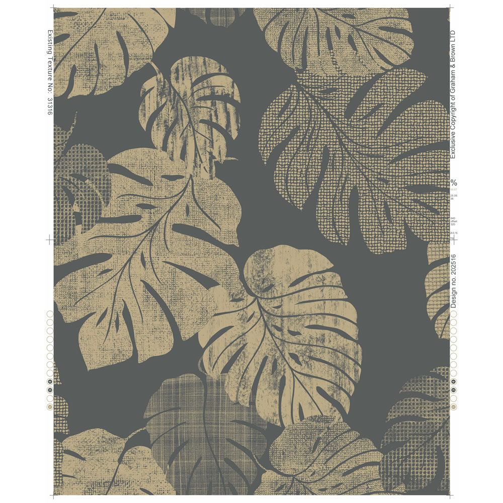 Wilko Wallpaper Cheese Plant Charcoal and Gold Image 1