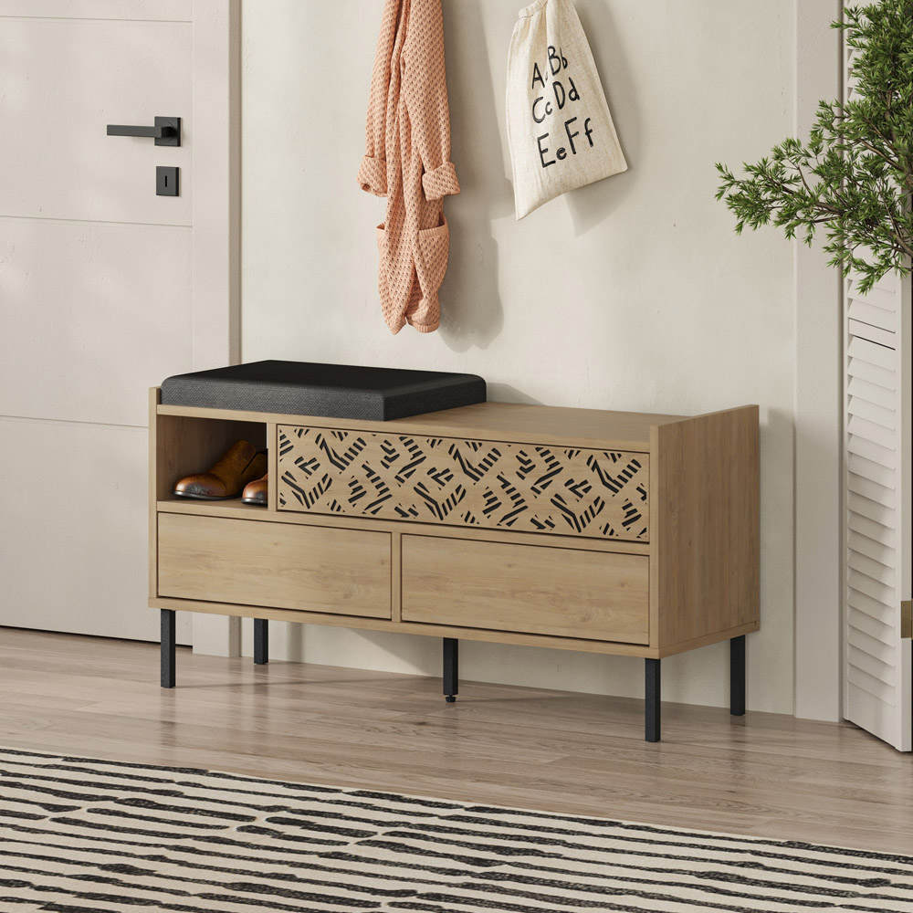 Decortie Heaton 3 Door Single Shelf Oak Modern Shoe Storage Bench Image 4
