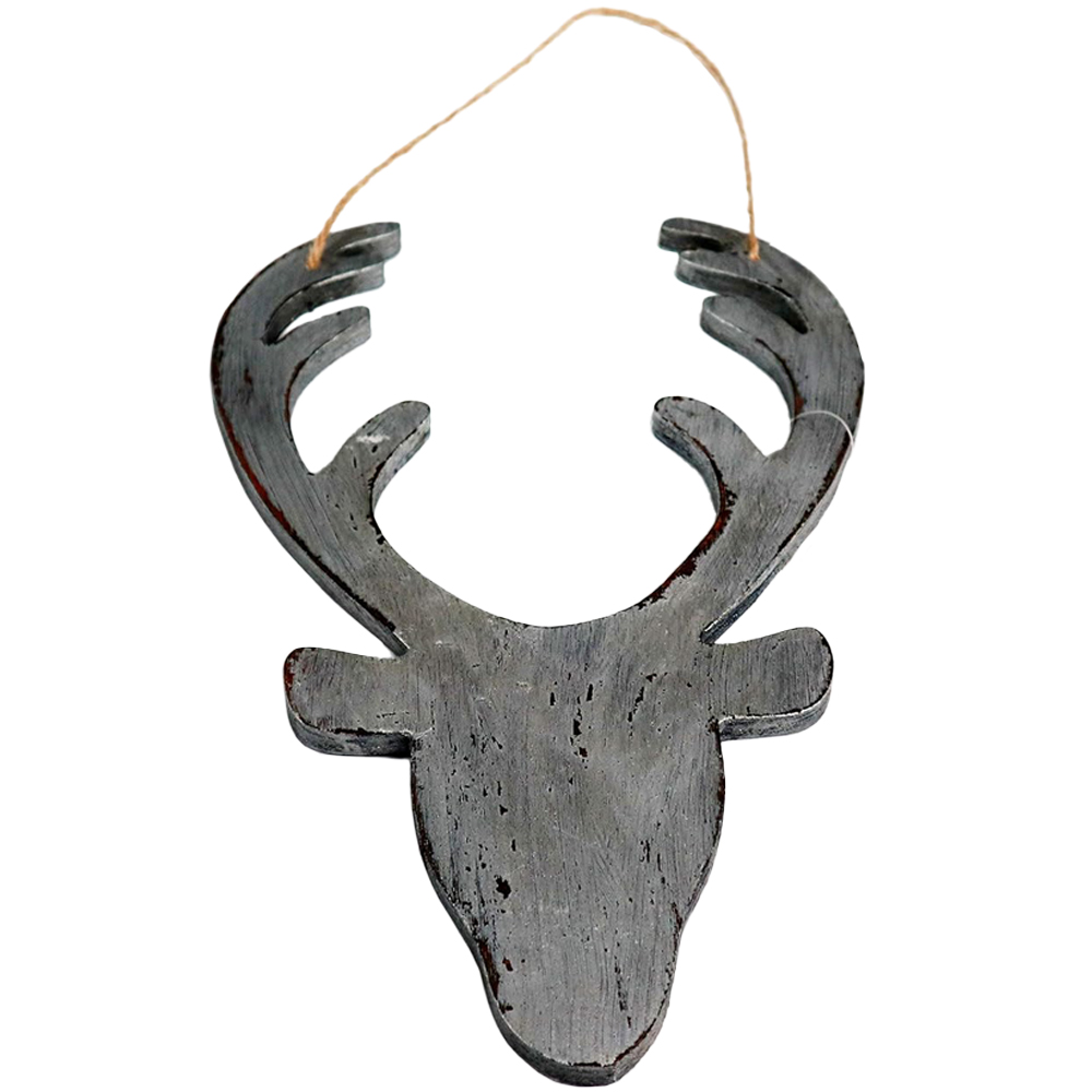 Shatchi Silver Deer Head Wooden Hanging Christmas Decoration 26cm Image 1