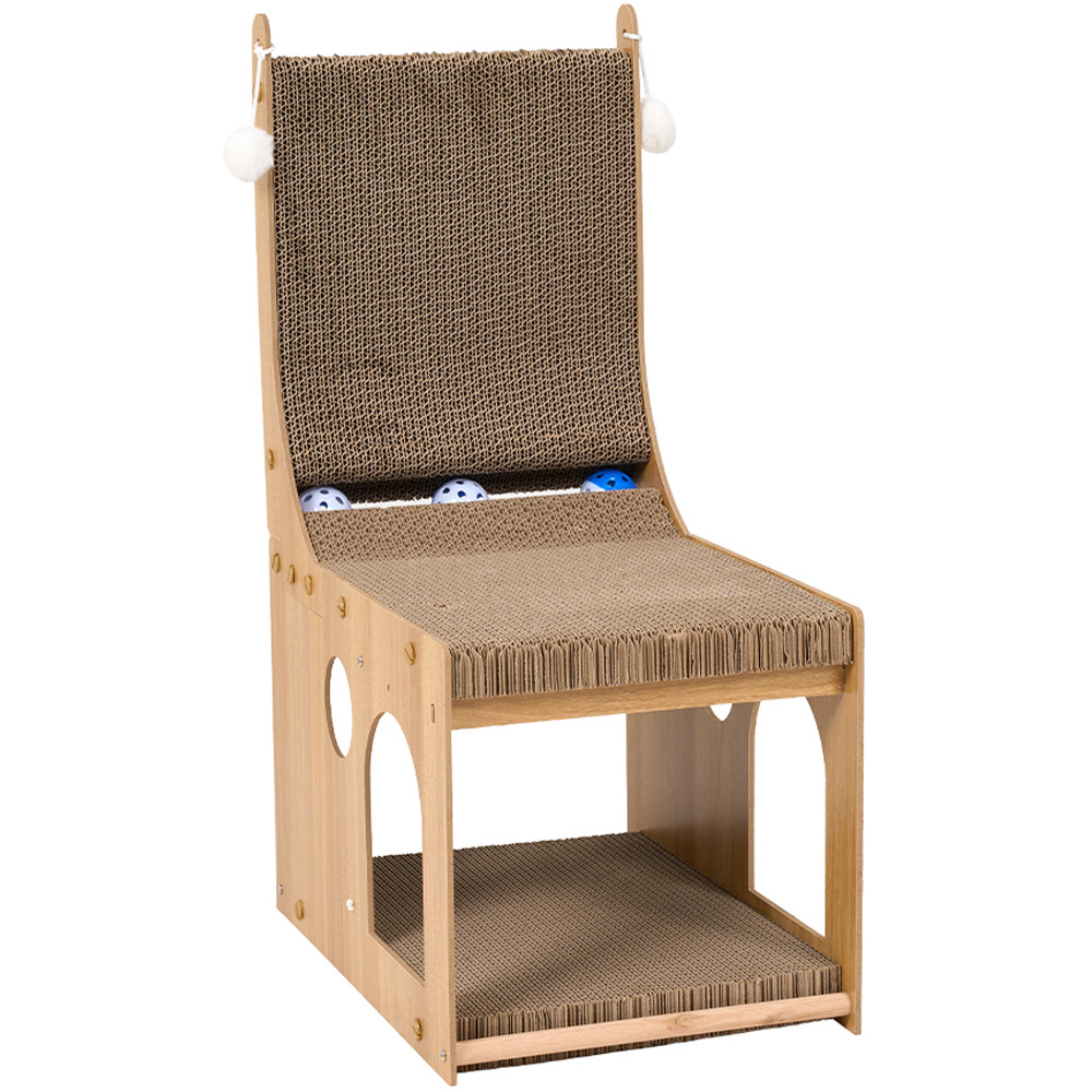 H&O Direct L Shape Wooden Cat Scratcher Lounger Bed with Track Balls Image 1