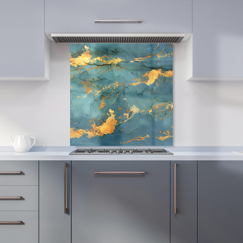 Warren Reed Designer Gold And Azure Marble Effect Glass Kitchen Splashback 60 x 60cm Image 1