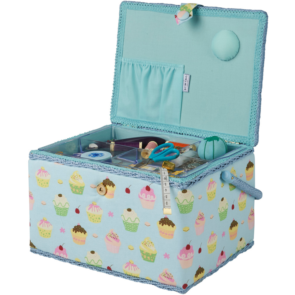 Sewing Online Blue Cupcakes Design Large Sewing Box with Carry Handle Image 4