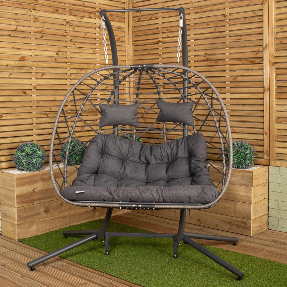 Samuel Alexander 2 Seater Rattan Hanging Garden Egg Chair with Grey Waterproof Cover Image 1