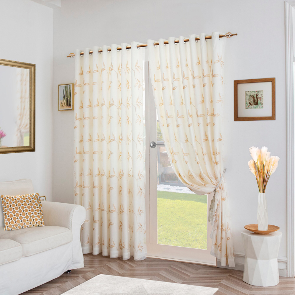 Alan Symonds Leaf Embroidered Gold Ring Top Eyelet Tulle Voile Curtains 147 x 183cm Image 5