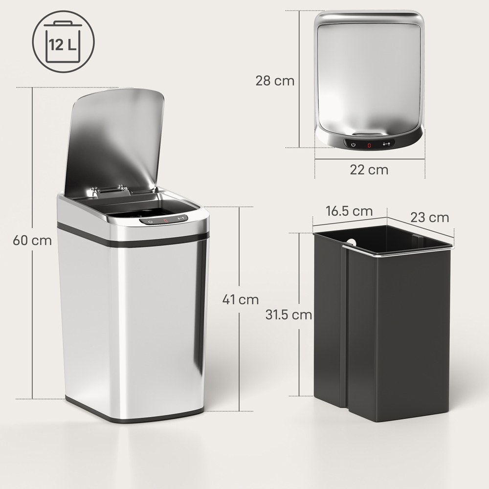 HOMCOM Silver Automatic Kitchen Sensor Bin with Removable Inner Bucket 12L Image 9