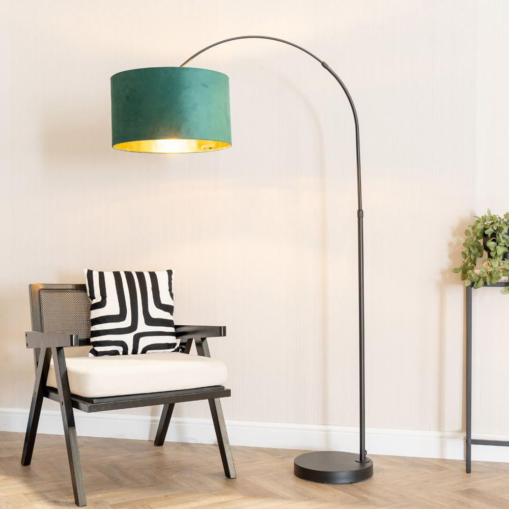 ValueLights Louis Black Arched LED Floor Lamp with Forest Green and Gold Velvet Drum Lamp Shade Image 3