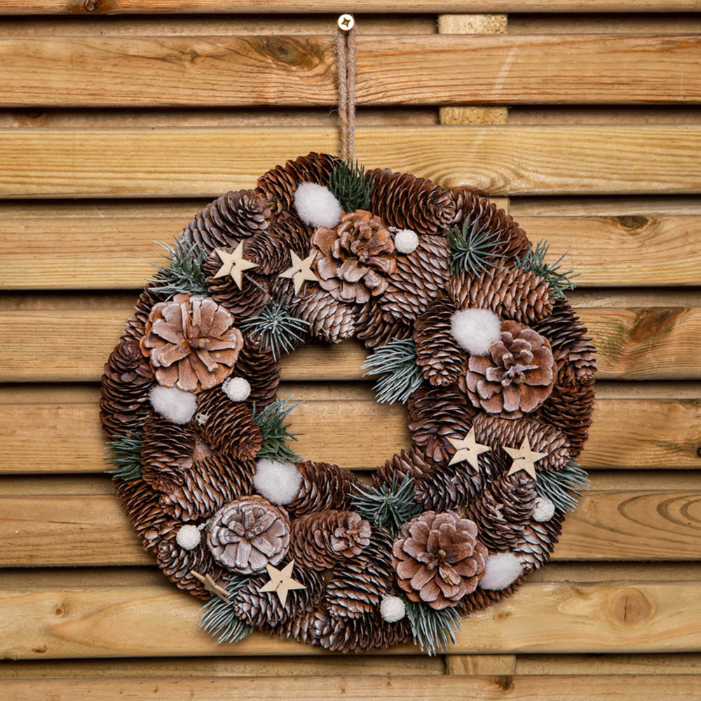 Samuel Alexander Frosted Wreath with Pine Cones and Wooden Stars 30cm Image 6