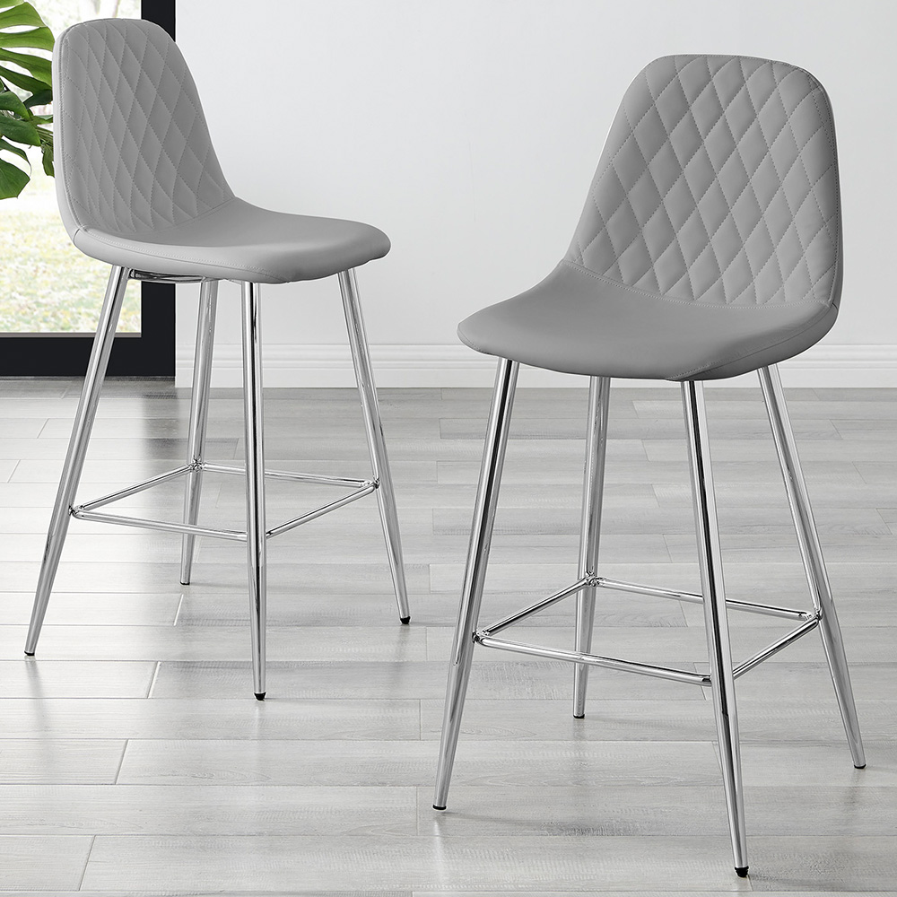 Furniturebox Solara Grey and Silver Faux Leather Bar Stool Set of 2 Image 1
