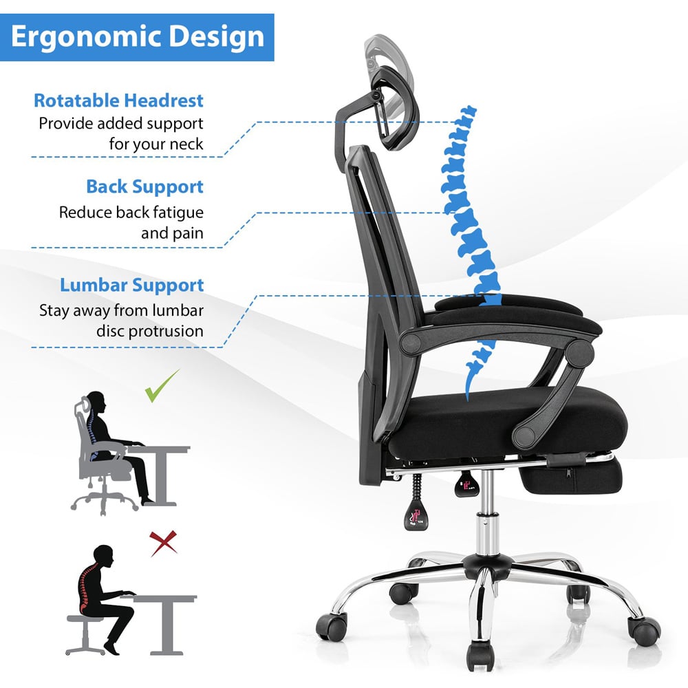 Costway Ergonomic Recliner Mesh Office Chair with Retractable Footrest Image 4