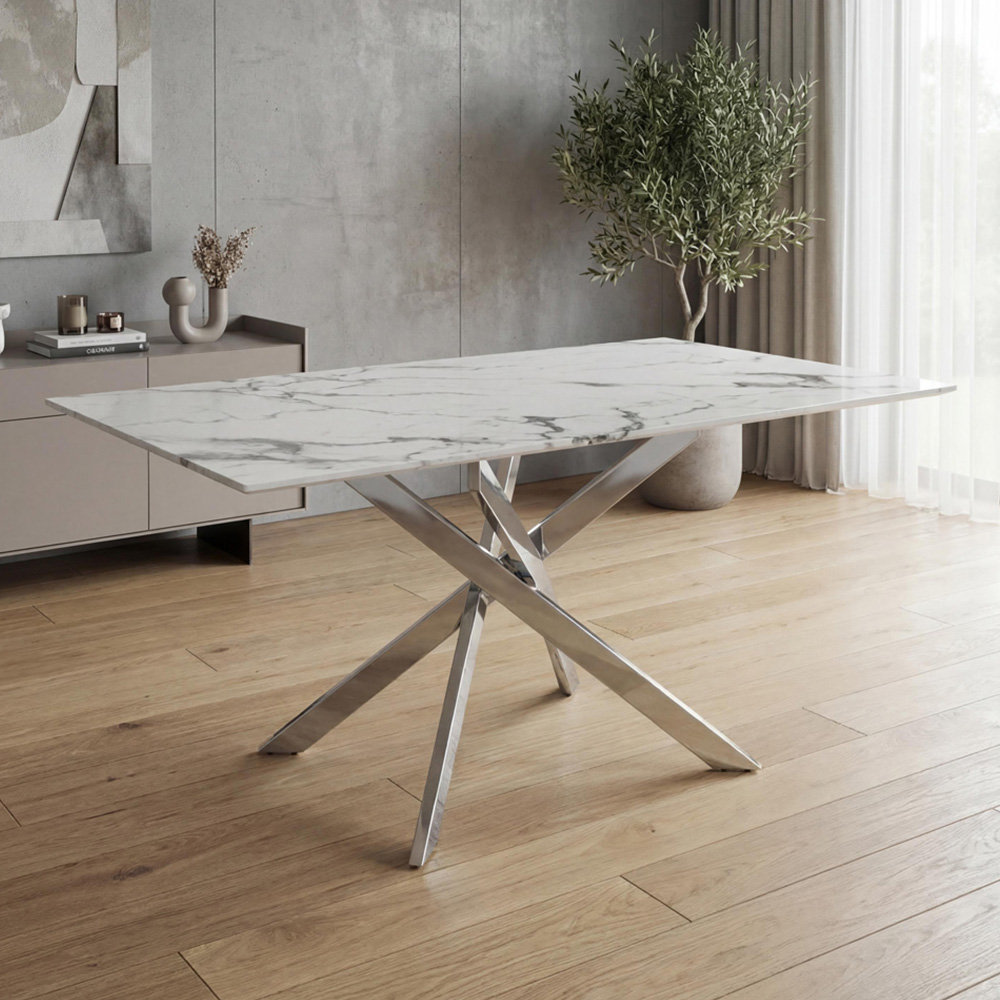 wilko Monaco 4 Seater Marble Glass Dining Table Chrome and White Image 1