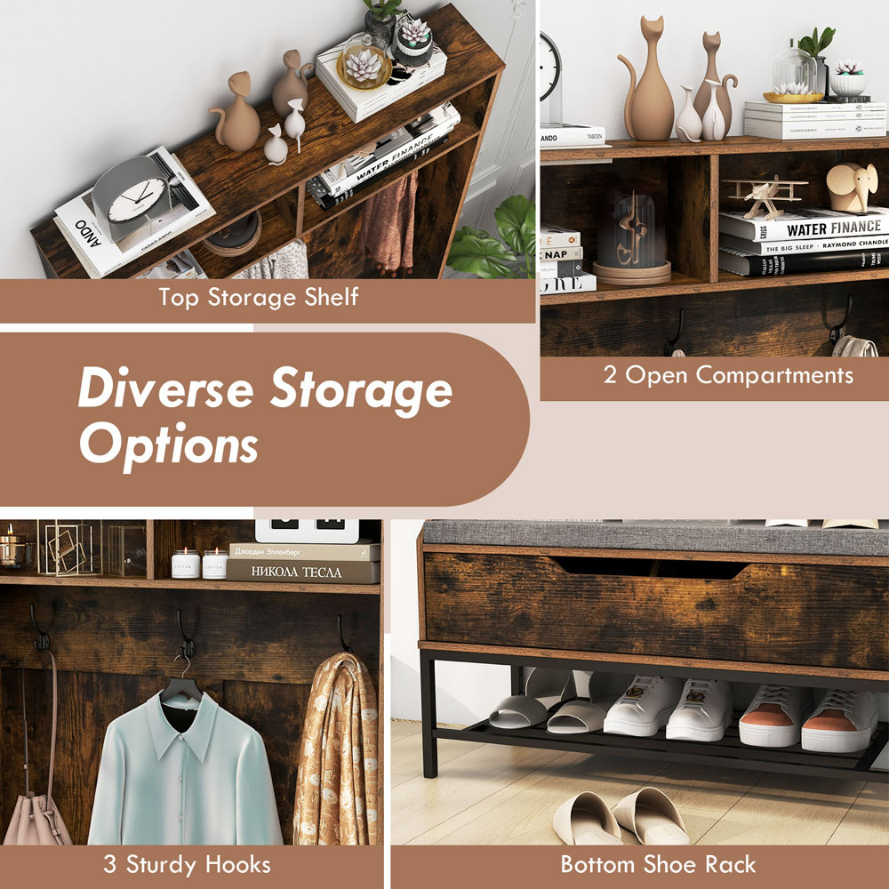 Costway 4 in 1 Rustic Brown Coat Rack with Seat Cushion Image 8