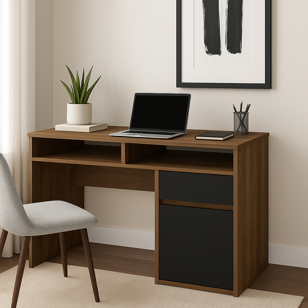 Decorotika Isla Single Door Single Drawer 2 Shelf Corner Computer Desk Walnut and Black Image 8