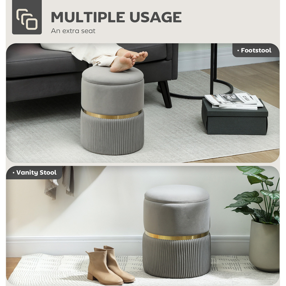 Portland Light Grey Velvet Round Pouffe Footstool with Storage Image 6