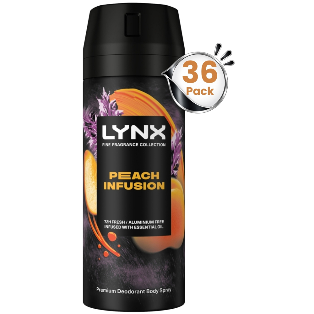 Lynx Fine Fragrance Men's Peach Infusion 72H Freshness Deodorant Body Spray 150ml 36 Pack Image 1
