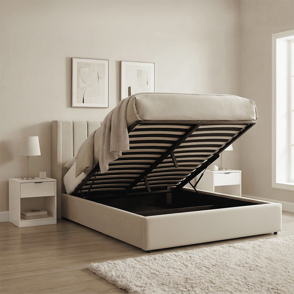 Home Source Alix Double Putty Velvet Lift-Up Ottoman Bed with Fluted Headboard Image 6