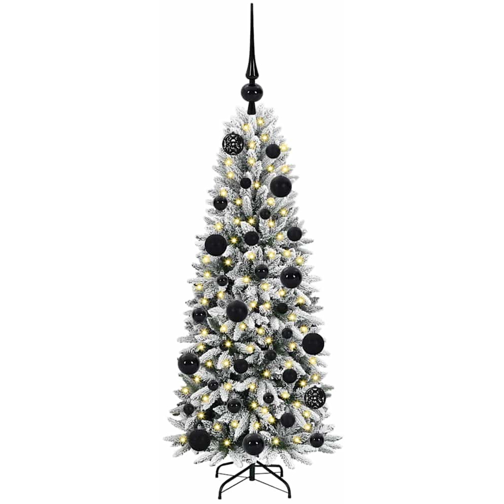 vidaXL Pre-Lit Black Baubles Artificial Snow Flocked Christmas Tree 4ft Image 1