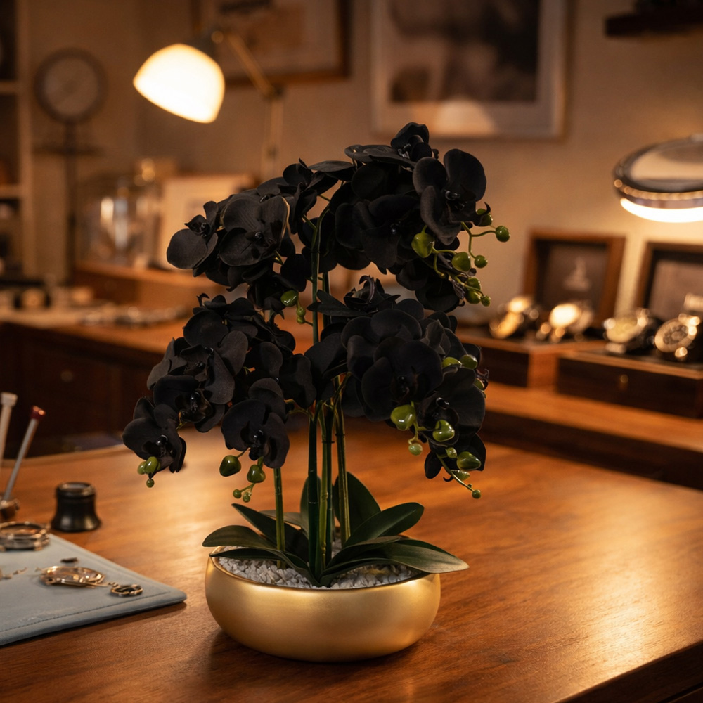 Leaf Black Orchid Artificial Plant with Gold Ceramic Planter 1.9ft Image 2