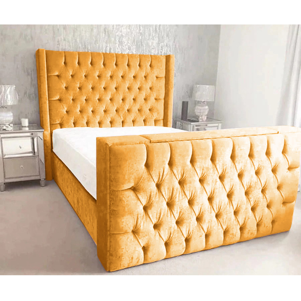 Eleganza Home Lokie Double Mustard Plush TV Bed Frame with Headboard and Footboard Image 2