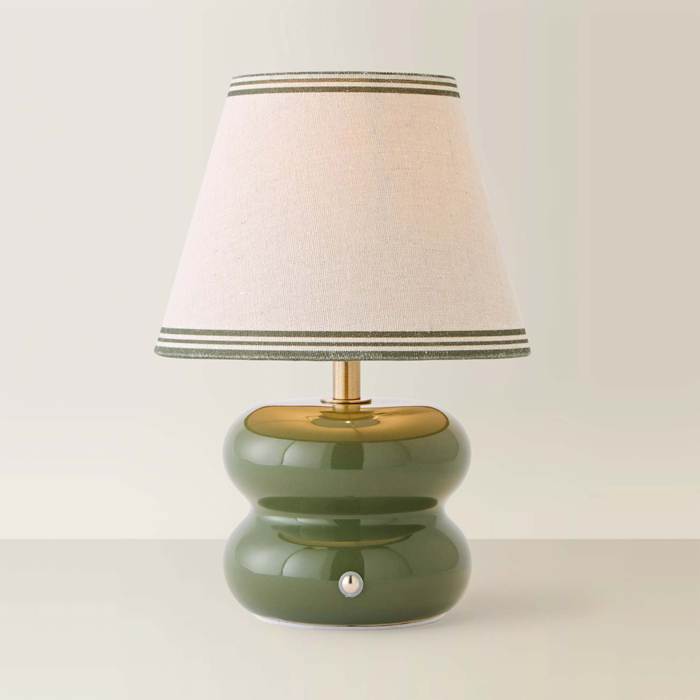 ValueLights Gia Triple Trim Linen Shade Olive Ceramic Stack Rechargeable Table Lamp Image 3