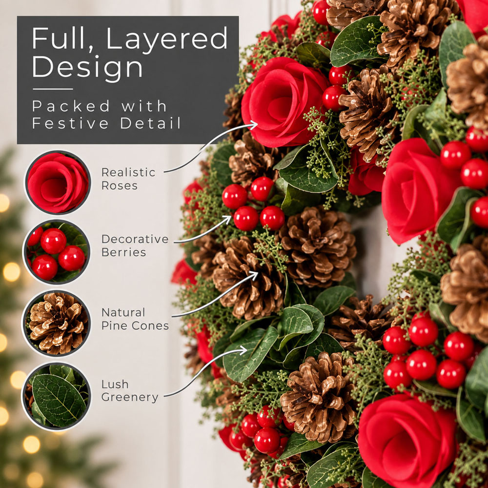 Neo Green and Red Artificial Christmas Wreath with Berries and Pine Cones 50cm Image 5