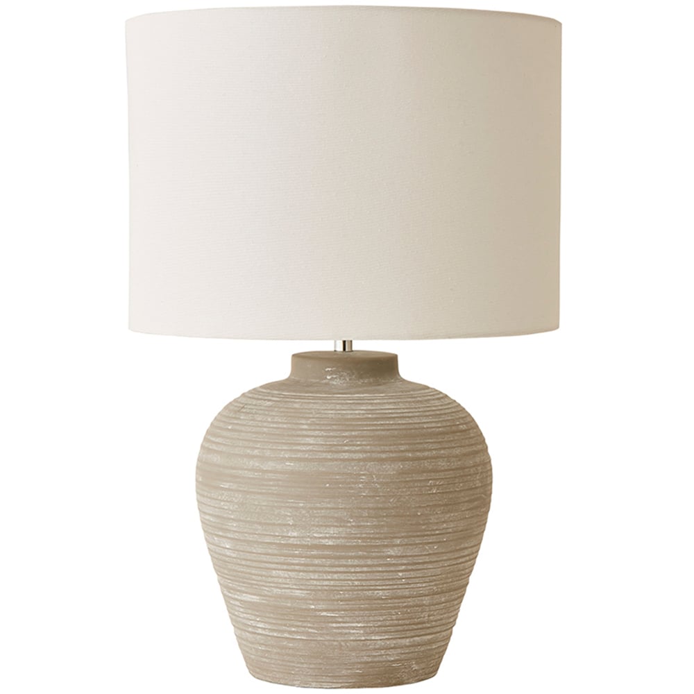 ValueLights Reid Linen Drum Lamp Shade Stone Grey Ribbed Ceramic Large LED Table Lamp Image 1