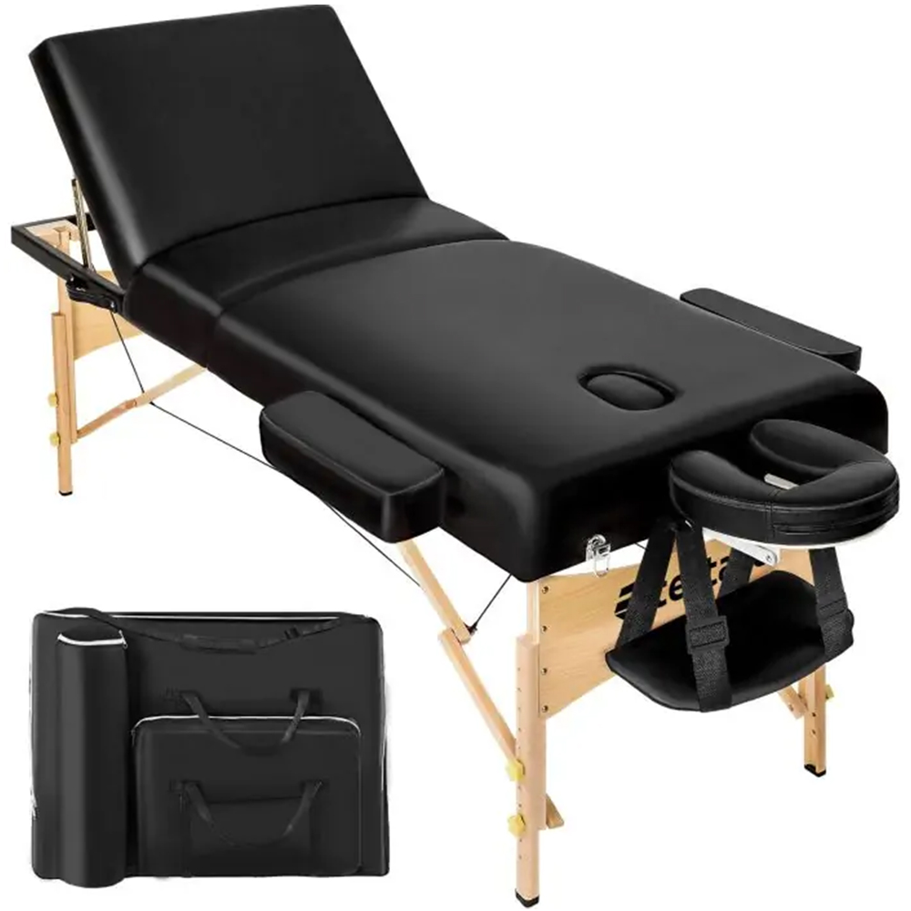tectake Black 3 Zone Portable Adjustable Massage Table with Headrest Armrests and Carry Bag Image 1