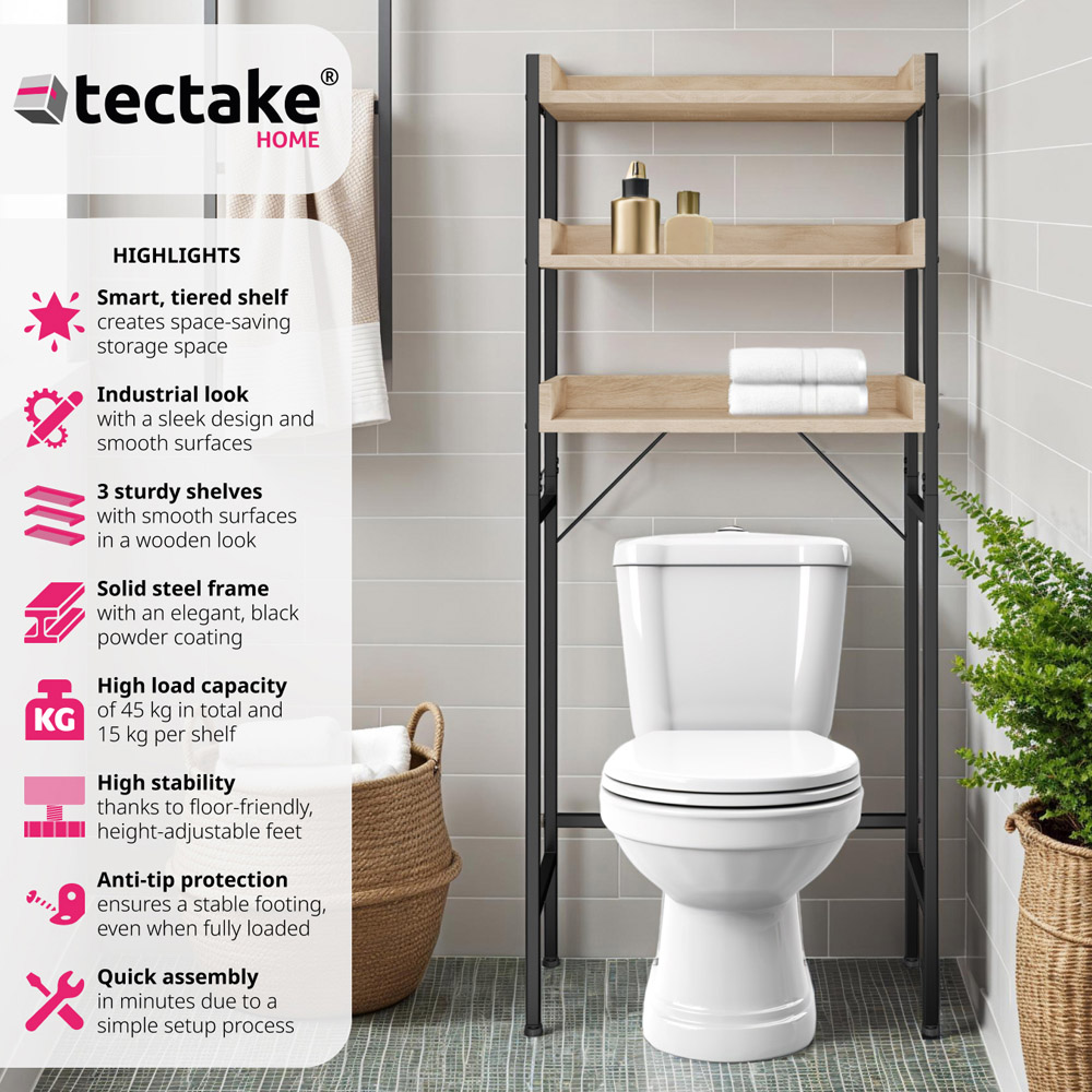 Tectake Seattle 3 Shelf Oak Sonoma Industrial Wood Shower Caddy Image 6