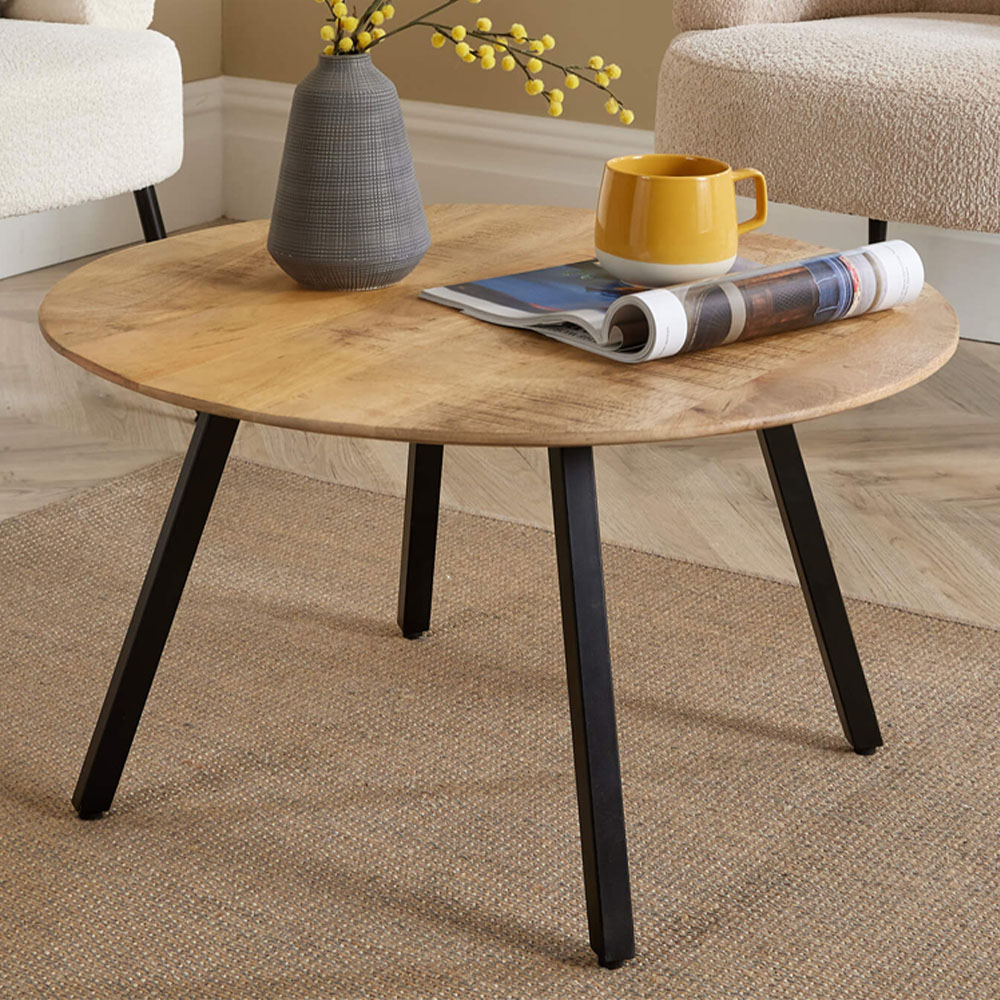 Home Source Caribou Natural Mango Wooden Top Round Coffee Table with Iron Legs Image 1