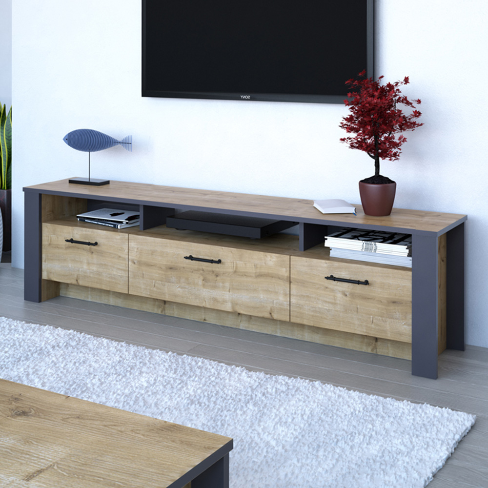 Decorotika Manhattan 3 Door 3 Shelf Sapphire Oak and Dark Grey TV Unit Image 1