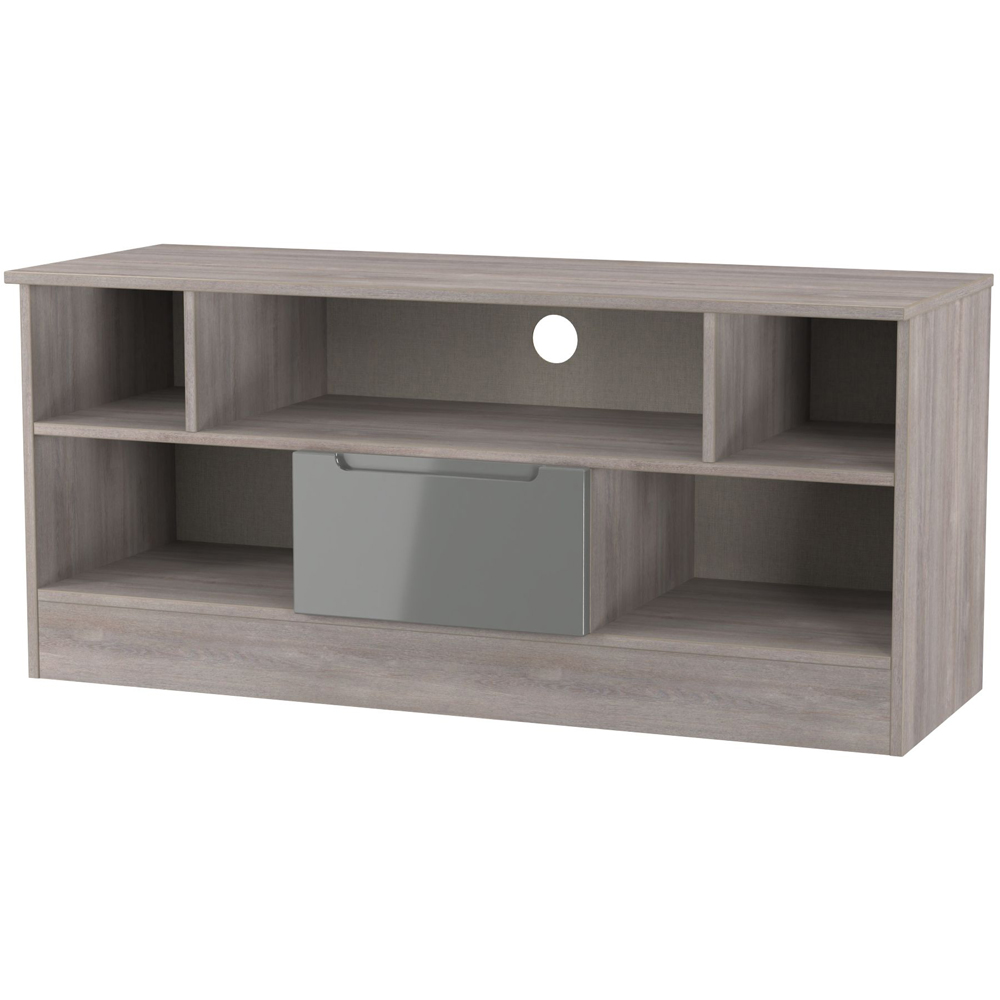 Crowndale Milan Single Drawer 5 Shelf Grey Gloss and Grey Oak TV Unit Ready Assembled Image 2