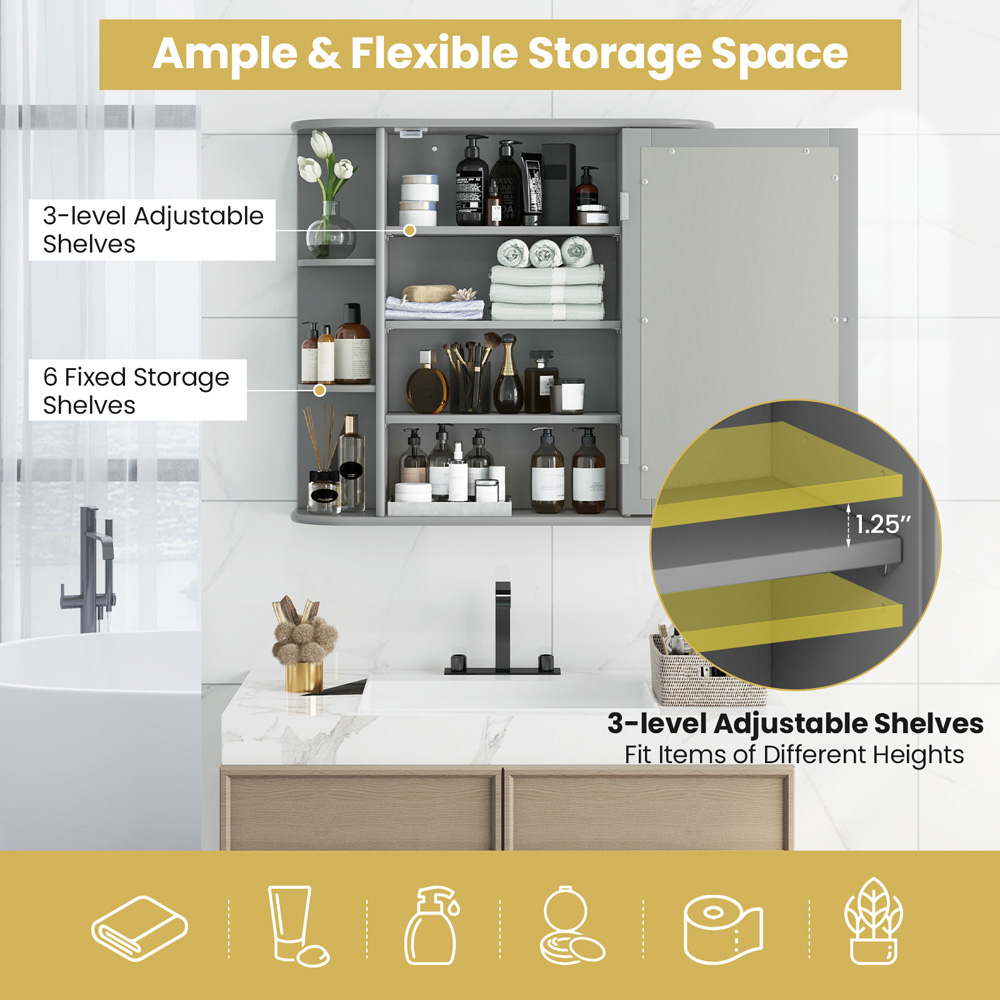 Costway Single Door 6 Shelf Grey Mirrored Bathroom Cabinet Image 6