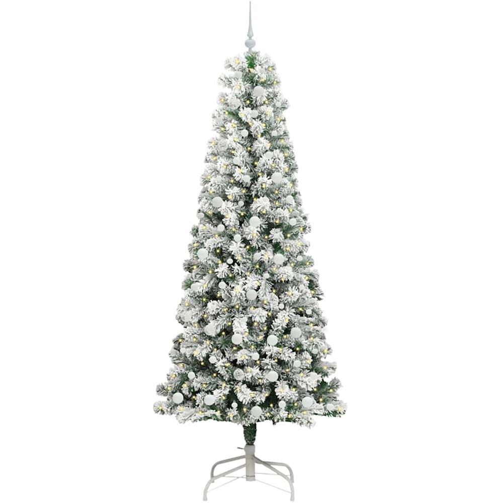 vidaXL Pre-Lit Warm White LED and White Baubles Snow Flocked Artificial Christmas Tree 8ft Image 1