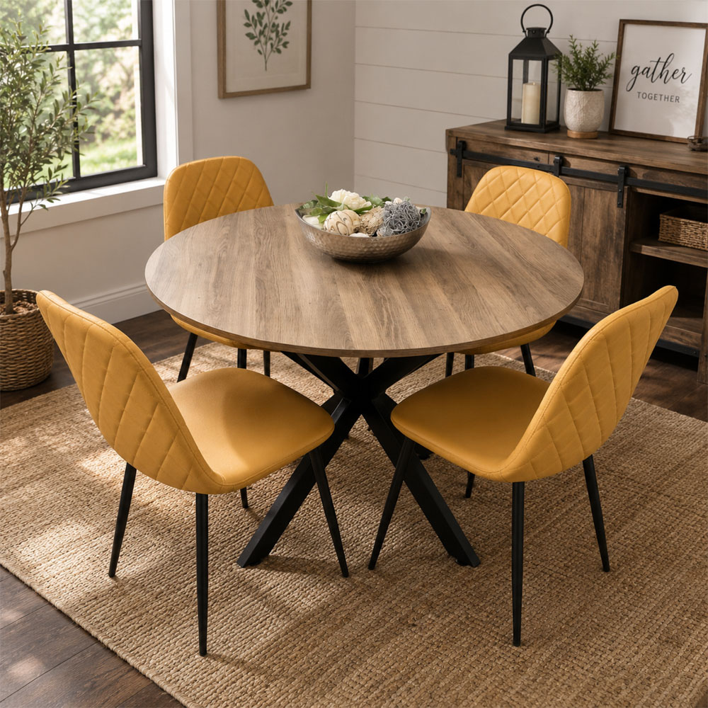 Kosy Koala 4 Seater Wood Effect Leather Round Dining Set Mustard Image 1