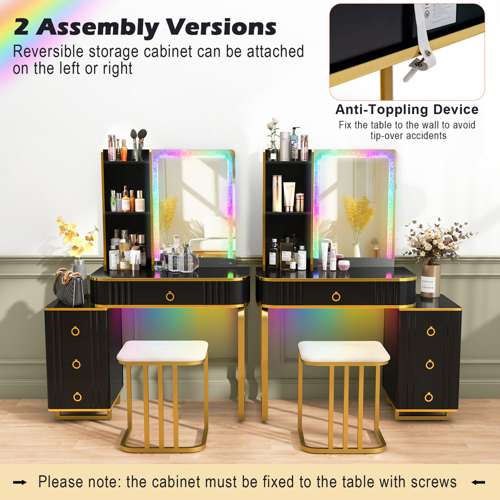 Costway 4 Drawer Black Vanity Dressing Table Set with RGB LED Mirror Image 8