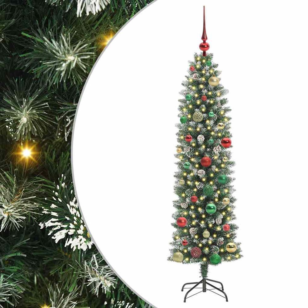 vidaXL Pre-Lit Warm White LED and Multicolour Baubles Green Slim Artificial Christmas Tree 5ft Image 5