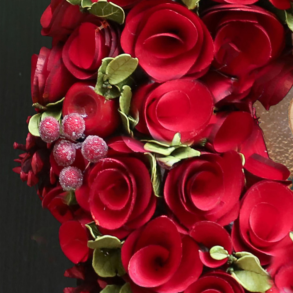 Dibor Red Crimson Rose Artificial Christmas Wreath with Pinecones and Berries 35cm Image 3