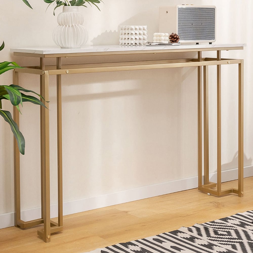 Costway Gold and White Faux Marble Console Table with Geometric Frame Image 1