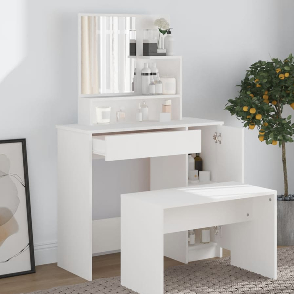 vidaXL Single Door Single Wide Drawer White Dressing Table with Mirror Image 1