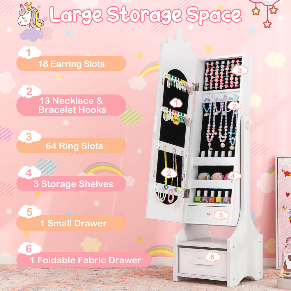Costway White Kids Jewellery Armoire Cabinet Full Length Mirror with Tilt Angles Image 6