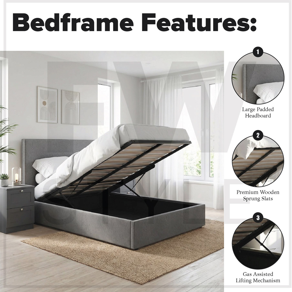 FWStyle Rufford Double Grey Fossil Front Lift Ottoman Bed Frame with Padded Headboard Image 8