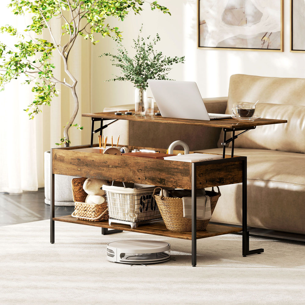 HOMCOM Rustic Brown Industrial Lift Top Coffee Table with Storage Image 5