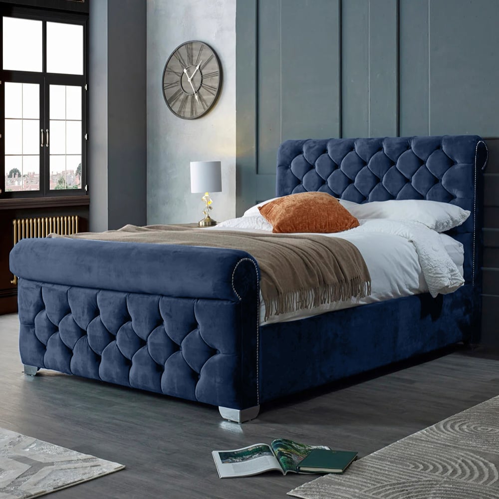 Eleganza Home Veneta King Size Blue Plush Velvet Bed Frame with Chesterfield Headboard Image 1