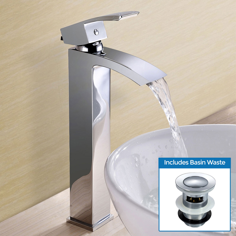 Nes Home Nexa Waterfall Chrome High Rise Basin Mono Mixer Tap with Waste Image 2