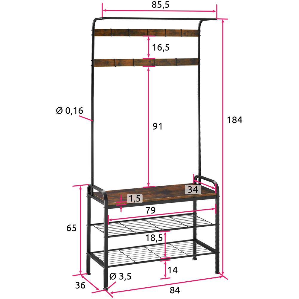 tectake Wichita 2 Shelf 9 Hook Dark Wood Rustic Coat and Shoe Rack Image 9