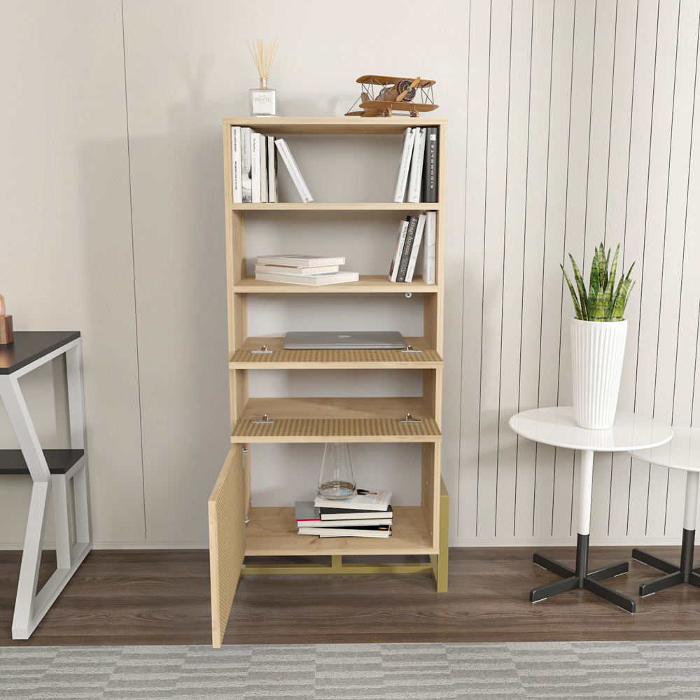 Decorotika Utopie 3 Door 2 Shelf Oak and Rattan Modern Bookshelf Image 4